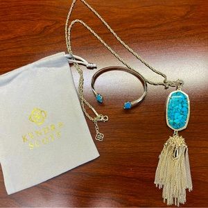 KENDRA SCOTT RAYNE GOLD BRONZE VEINED TURQUOISE PENDANT AND ELTON TURQUOISE CUFF